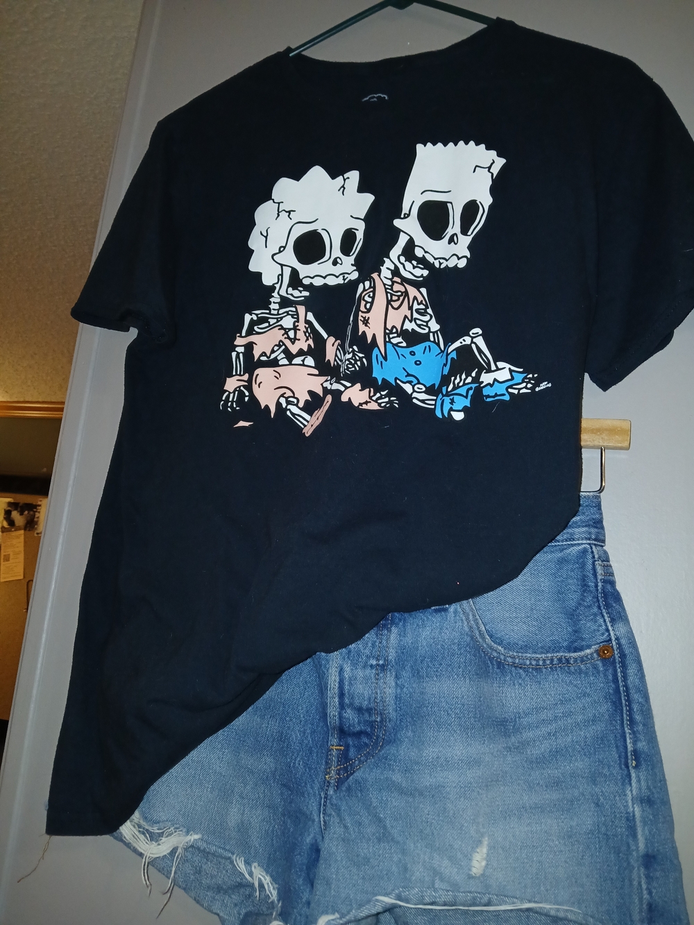 Black L/Bart And Lisa Simpson Skeleton Cartoon Print Tshirt